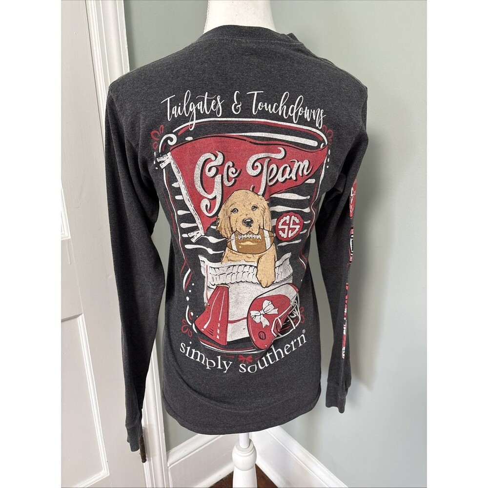 Simply Southern Shirt Small Gray Red Tailgates Touchdowns Dog Football